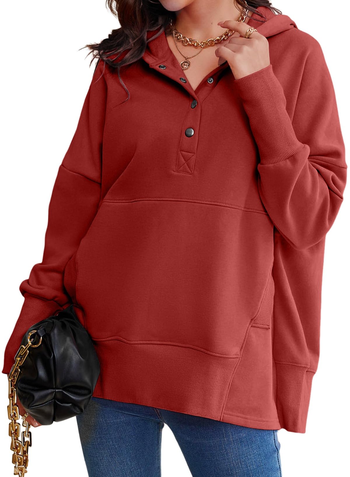 Photo 1 of **MINOR STAINED SPOTS ON THE FRONT** AlvaQ Women Hoodie Oversized Fall Fashion 2025 V Neck Long Sleeve Button Down Pullover Fleece Sweatshirts with Pocket Plus Size Tunic Tops Red 2x
