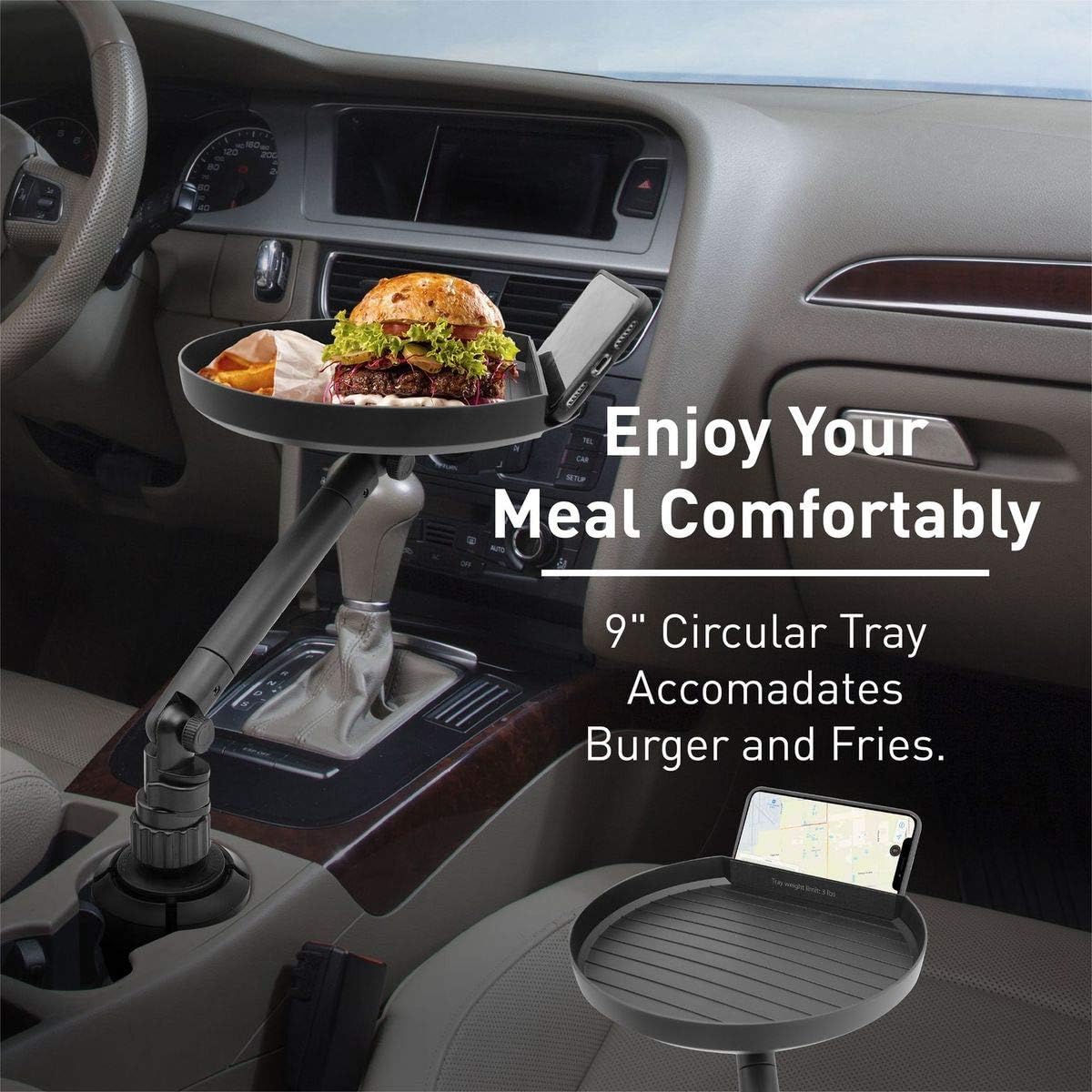 Macally Cup Holder Tray for Car - Enjoy Your Meal and Stay Organized - Adjustable Car Tray Table with 9" Surface, Phone Slot, and 360° Swivel Arm - Car Food Table for Cup Holders 3" to 4.1" Wide