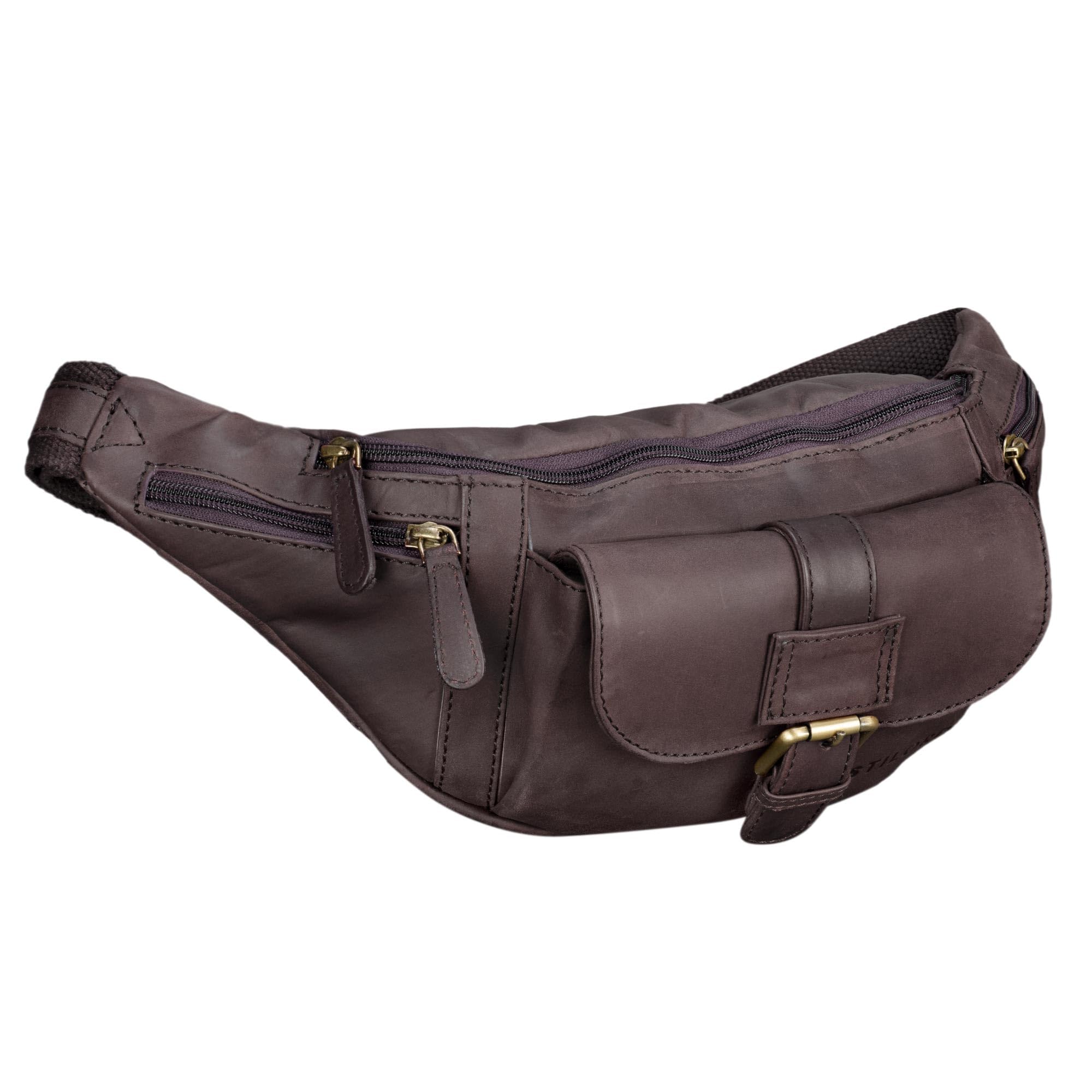 STILORD "Sam" Vintage Leather Bumbag Unisex Waist Bag Belt Bag for Women Men Travel Festival Smartphone Pouch Bag in Genuine Buffalo Leather Colour:Flat Dark Brown