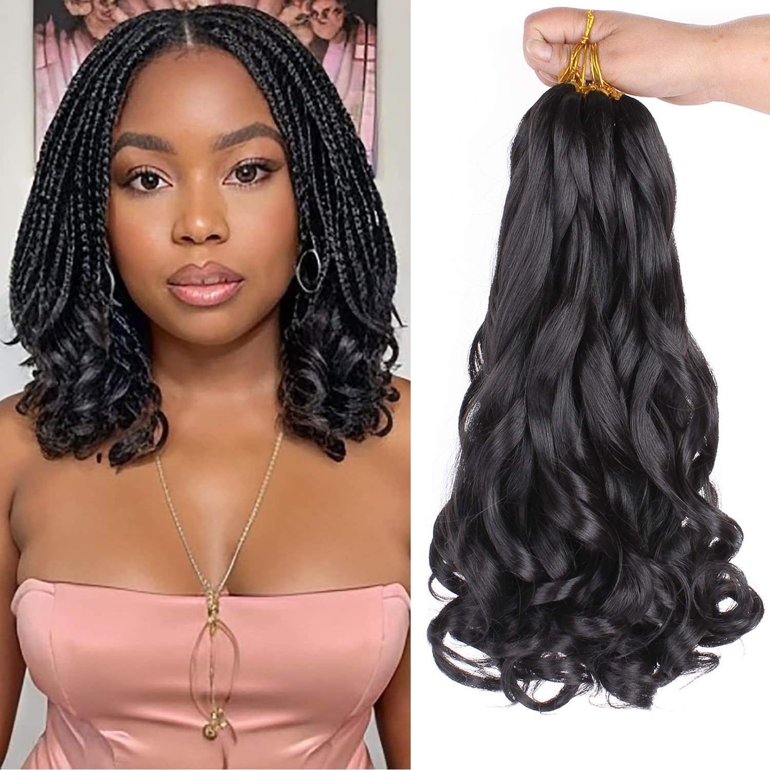 Xtrend 30cm French Curly Braided Hair Curled Bouncy Braided Hair 8 Packs French Curls Braids Loose Wave Braiding Hair with Curly Ends for Goddess Box Braids Hair Extension 1B#