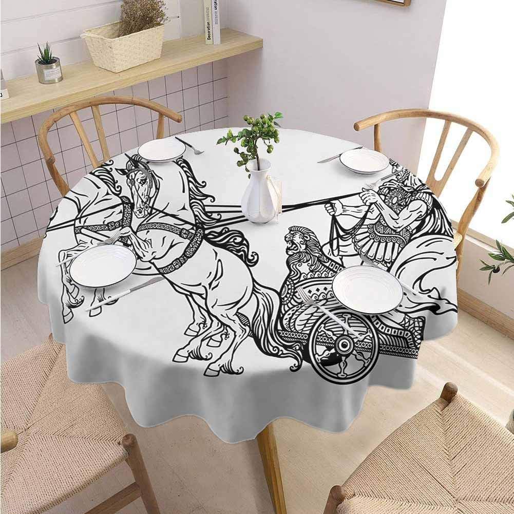 DILITECK Toga Party Picnic Round Tablecloth Roman Warrior in a Chariot Pulled by Two Horses Historic Carriage Monochrome Table Decoration Diameter 63" Black White