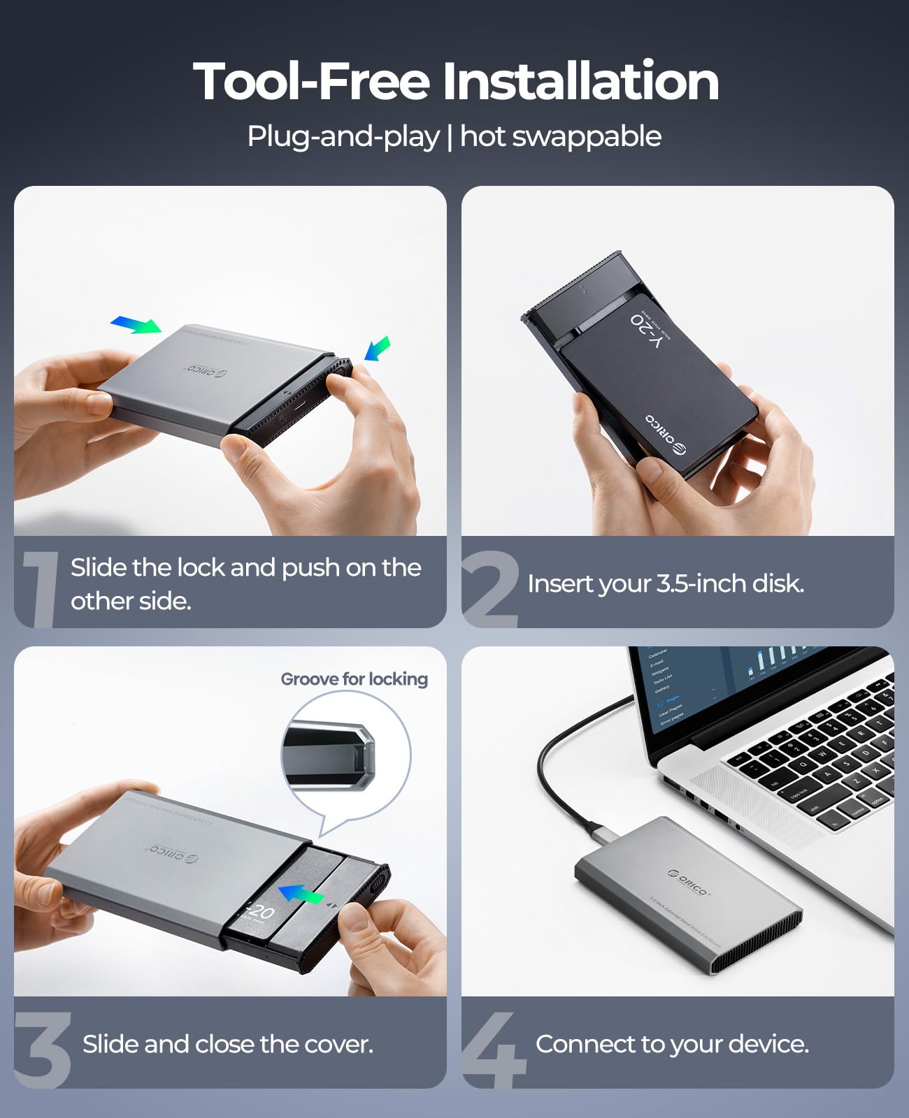 ORICO Aluminium Festplattengehäuse 2,5 Zoll USB-C 3.2 6Gbps Externes SSD Gehäuse für 2,5" SATA HDD SSD Maximal 6TB mit USB C/A 2-in-1 Kabel, Unterstützt UASP (DD25C3) 8