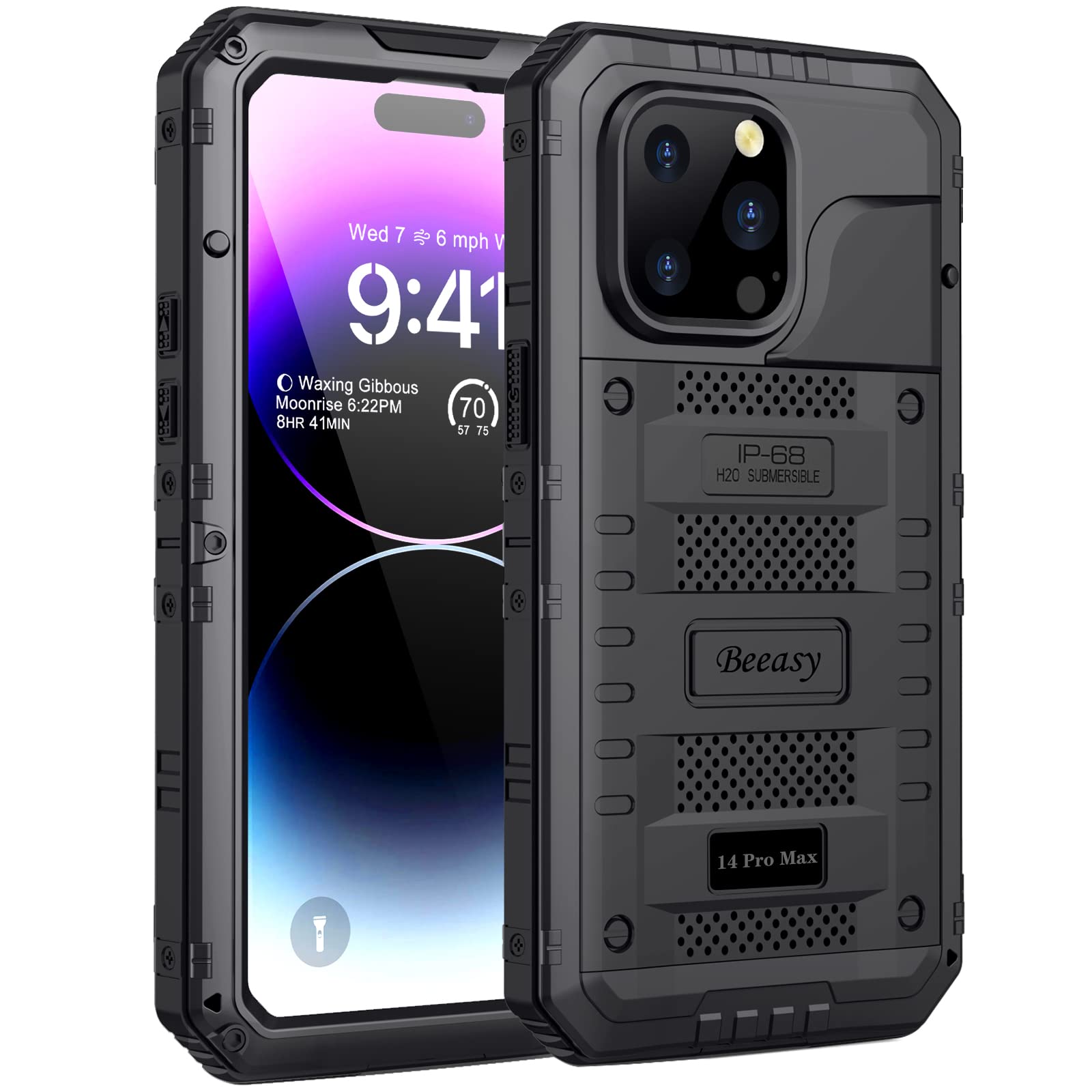 Beeasy for iPhone 14 Pro Max Case Waterproof Heavy Duty Shockproof Tough Metal Armour Cover Dustproof Built-in Screen Protector, 360 Full Body Military Protective Rugged Case for 14 Pro Max 6.7"