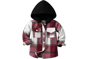 Toddler Kids Plaid Shacket Jacket Boys Girls Flannel Shirts Long Sleeve Button Down Hooded Jackets Warm Coat