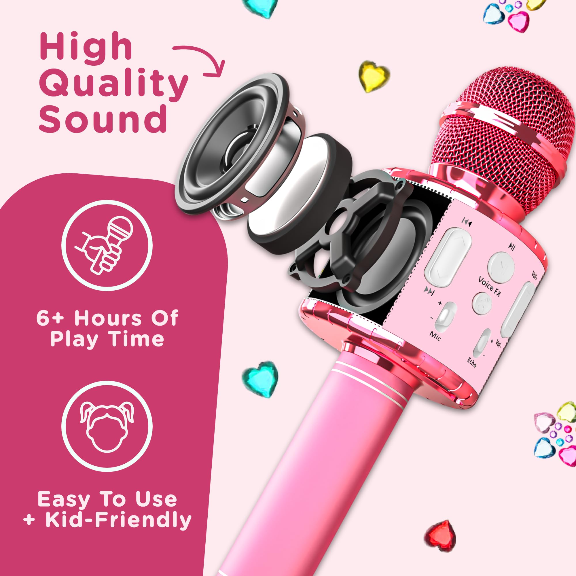 Move2Play, Kids Karaoke Microphone | Includes Stickers & Bluetooth | Kids Birthday Gift | Toy for All Ages 2, 3, 4, 5, 6+ Year Old Girls, Boys & Toddlers (All Pink)
