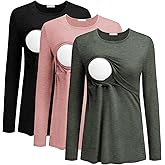 Ekouaer Women Long Sleeve Nursing Shirts 3 Pack Breastfeeding Round Neck Top Double Layer Maternity Tshirt Pregnancy Clothes