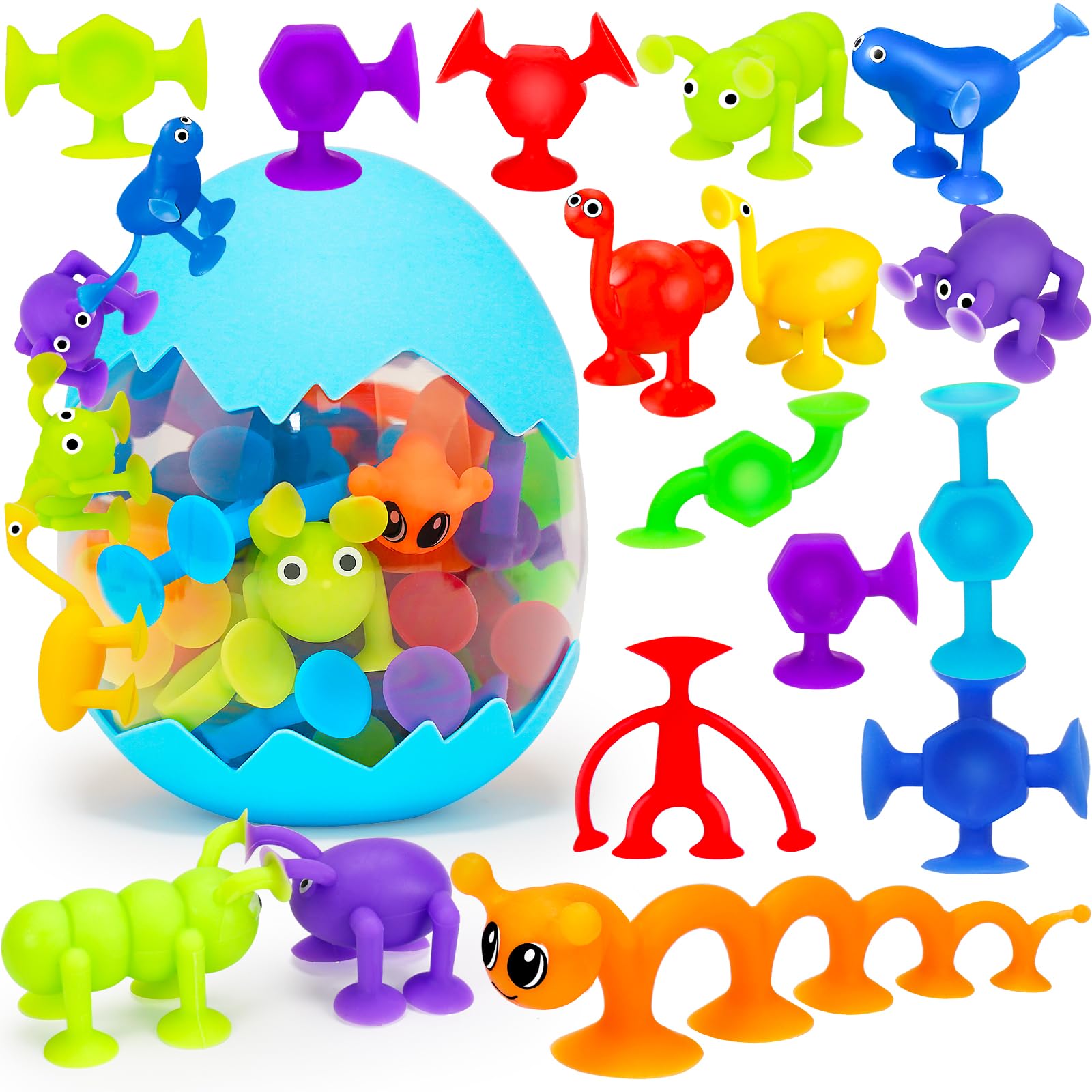 Photo 1 of 32 PCS Toddler Suction Cup Bath Toys Kids Bath Toy Party Favor Goody Prize Filler Stuffer for Boys Girls Sensory Fidget Window Water Table Toy with Eggshell Storage