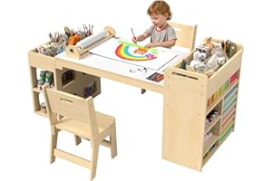 RUPOLX 50″Lx22″W Kids Art&Craft Table and 2 Chairs Set, Portable Supply Organizer and Paper Roll Dispenser, Art Desk and Craft Table for Kids, Toddler Activity and Coloring Tables with Storage(White)