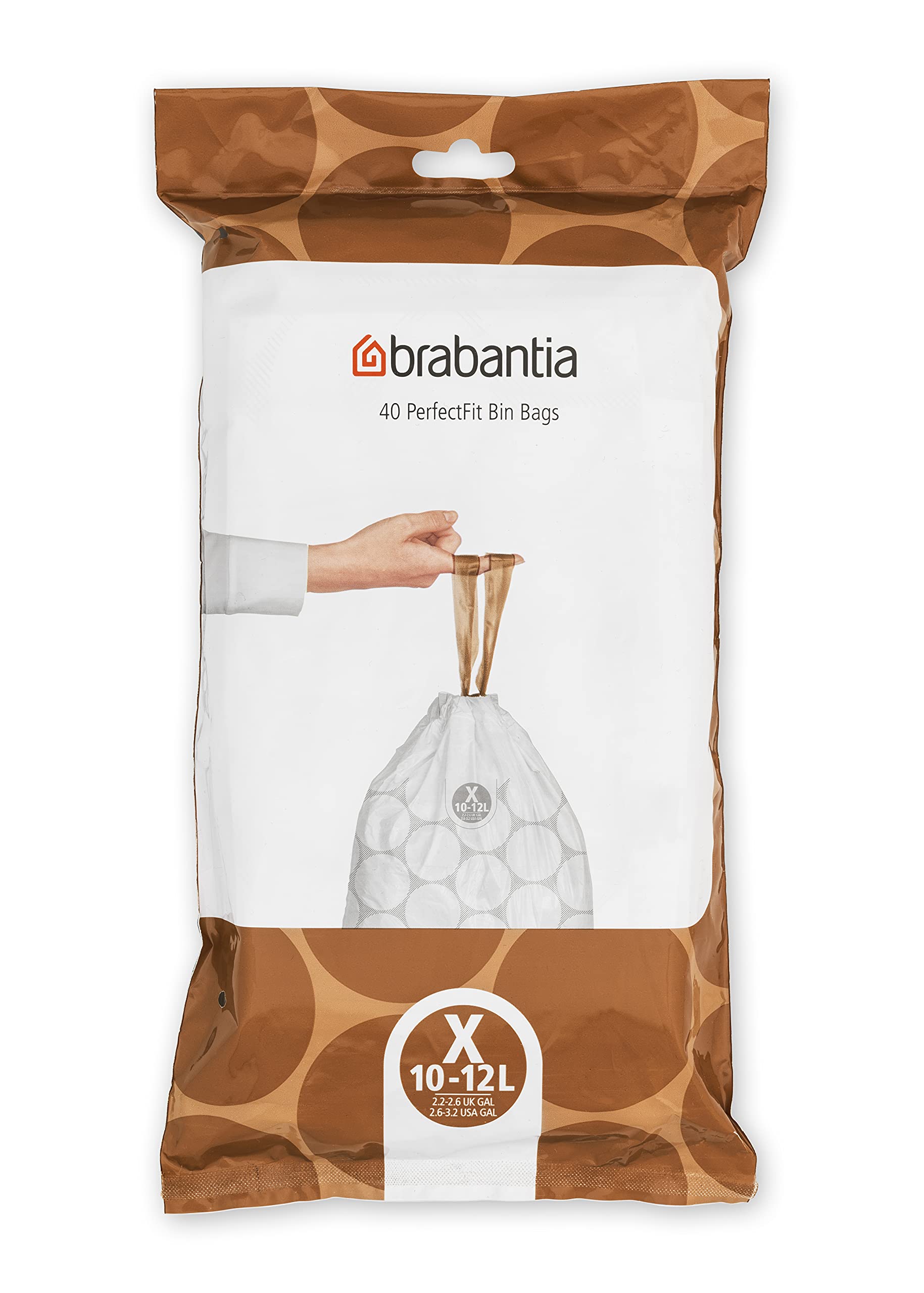Brabantia 138041 PerfectFit Bin Liners (Size X/10-12 Litre) Thick Plastic Trash Bags with Tie Tape Drawstring Handles (40 Bags), White