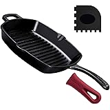 Cast Iron Square Grill Pan - 10.5 Inch Pre-Seasoned Skillet with Handle Cover and Pan Scraper - Grill, Stovetop, Induction Sa