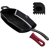Cast Iron Square Grill Pan - 10.5 Inch Pre-Seasoned Skillet with Handle Cover and Pan Scraper - Grill, Stovetop…