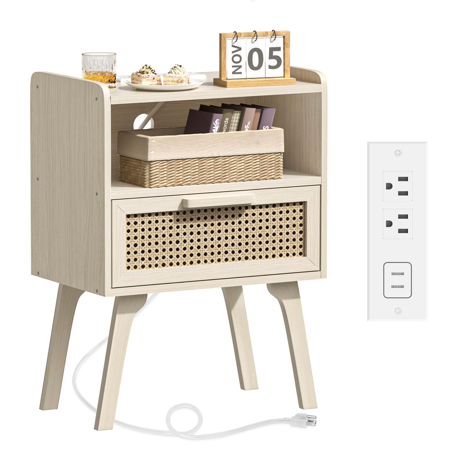 Lerliuo Rattan Nightstand with Charging