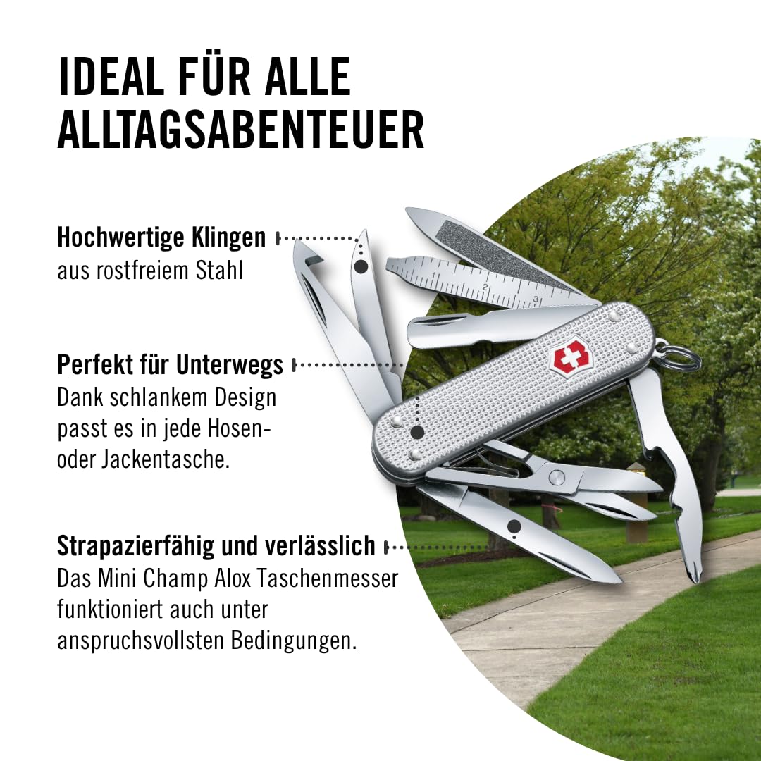 Victorinox Schweizer Taschenmesser Mini Champ Alox, Klein, 15 Funktionen, Swiss Made, Multitool mit Brieföffner, Kapselheber, Drahtabisolierer, Silber 5