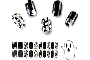 YIZHUO Semi Cured Gel Nail Strips 20pcs Halloween Gel Nail Stickers With Ghost Design, Easy Application & Removal, Halloween Nail Sticker Includes Prep Pads, Nail File & Wood Stick Save Time & Money