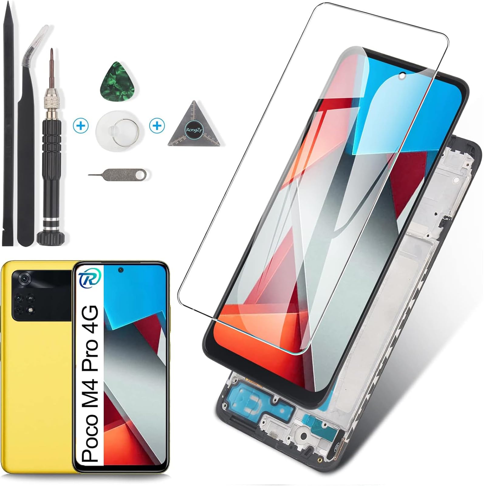 RongZy Display for Xiaomi Poco M4 Pro 4G MZB0B5VIN LCD Screen Replacement Digitizer Touch Screen Assembled Replacement with Tools (Black, with Frame)