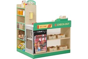 LEESHYAH Wooden Grocery Store Playset for Kids, Pretend Play Market with Checkout Counter, Manual Conveyor Belt, Pretend Scanner, and Multiple Display Shelves, Interactive Toy Grocery for Boys & Girls Ages 3+