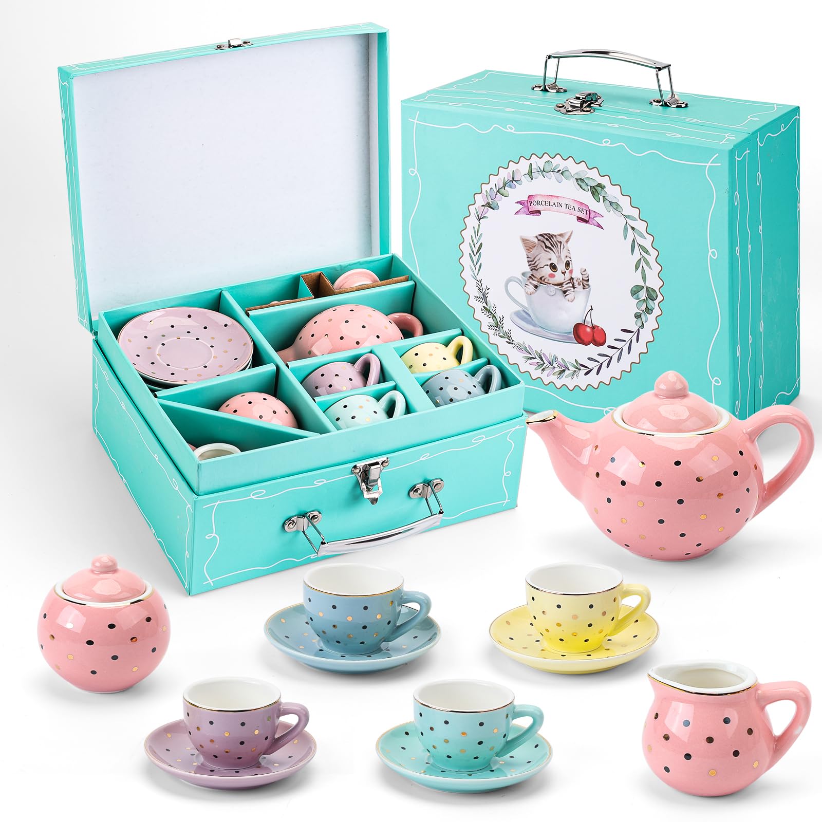 Photo 1 of Tea Set Girls Porcelain Tea Set for Little Girls Tea Set for Little Girls Polka Dot Design and Colorful Color with for Boy and Gril Birthday Party Or Gift Life