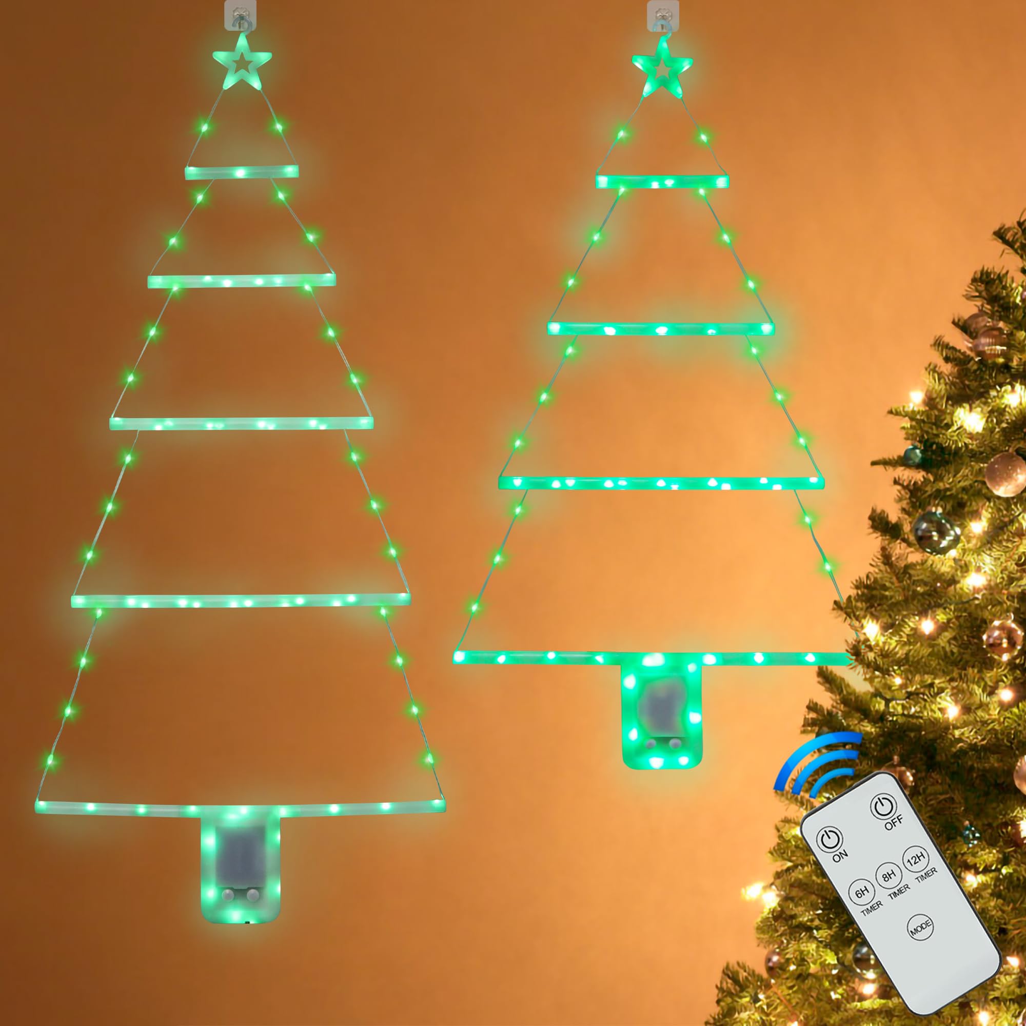 Photo 1 of Obralitic 2 Pcs Christmas Tree Ladder Lights with Remote, 3 FT & 2.4 FT Window Wall Hanging Lights with Timer & 8 Modes, LED Christmas Decoration for Indoor Home