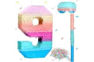 Jenaai 16 Inch Number Piñata Kids Birthday Party Macaron Piñata with Blindfold Stick and Confetti for Unicorn Birthday Wedding Baby Shower Decor(Number 9)