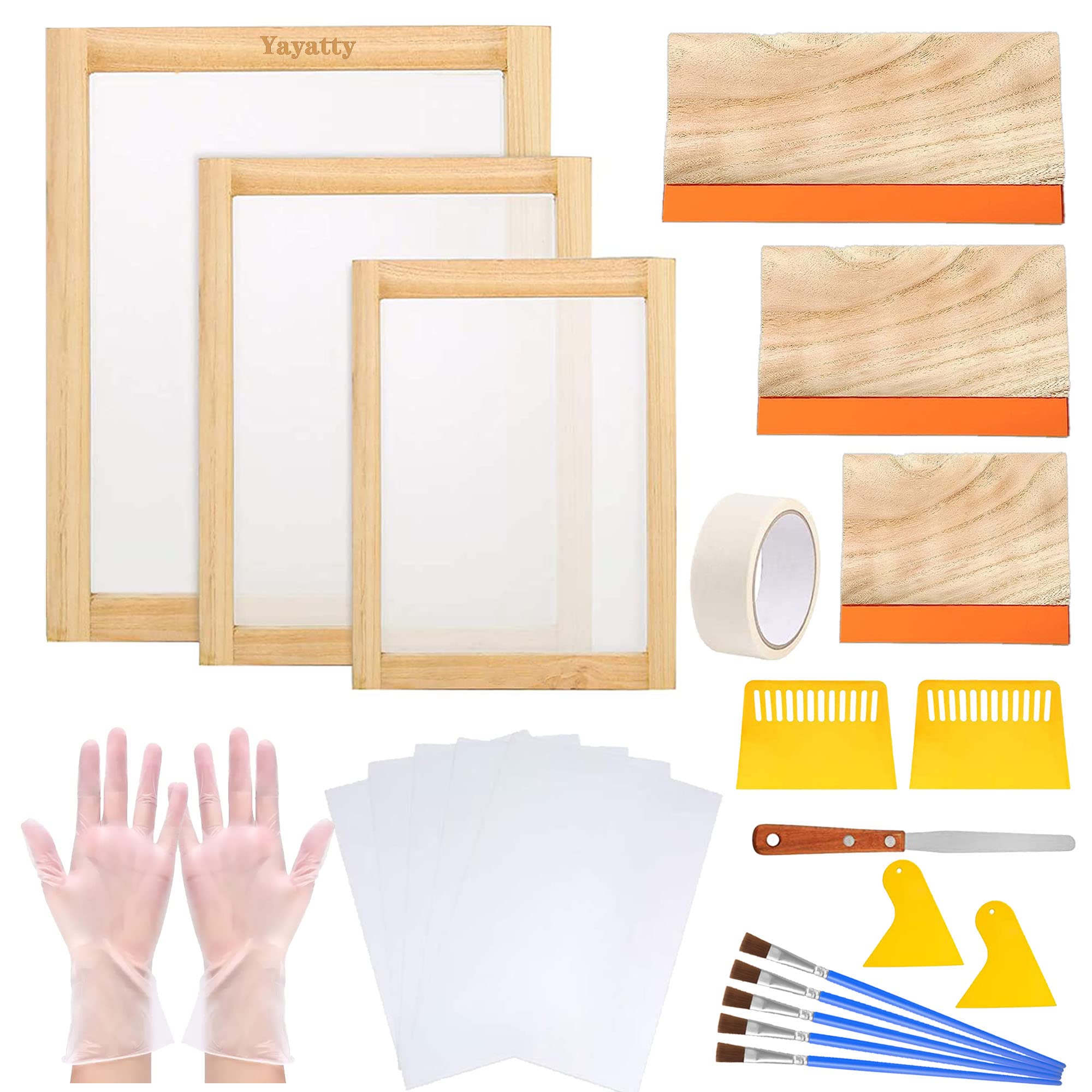 Yayatty 47 PCS Screen Printing Kit, 3 PCS Wood Silk Screen Printing Frame with Mesh, Screen Printing Squeegees, Mask Tape, Gloves for Screen Printing