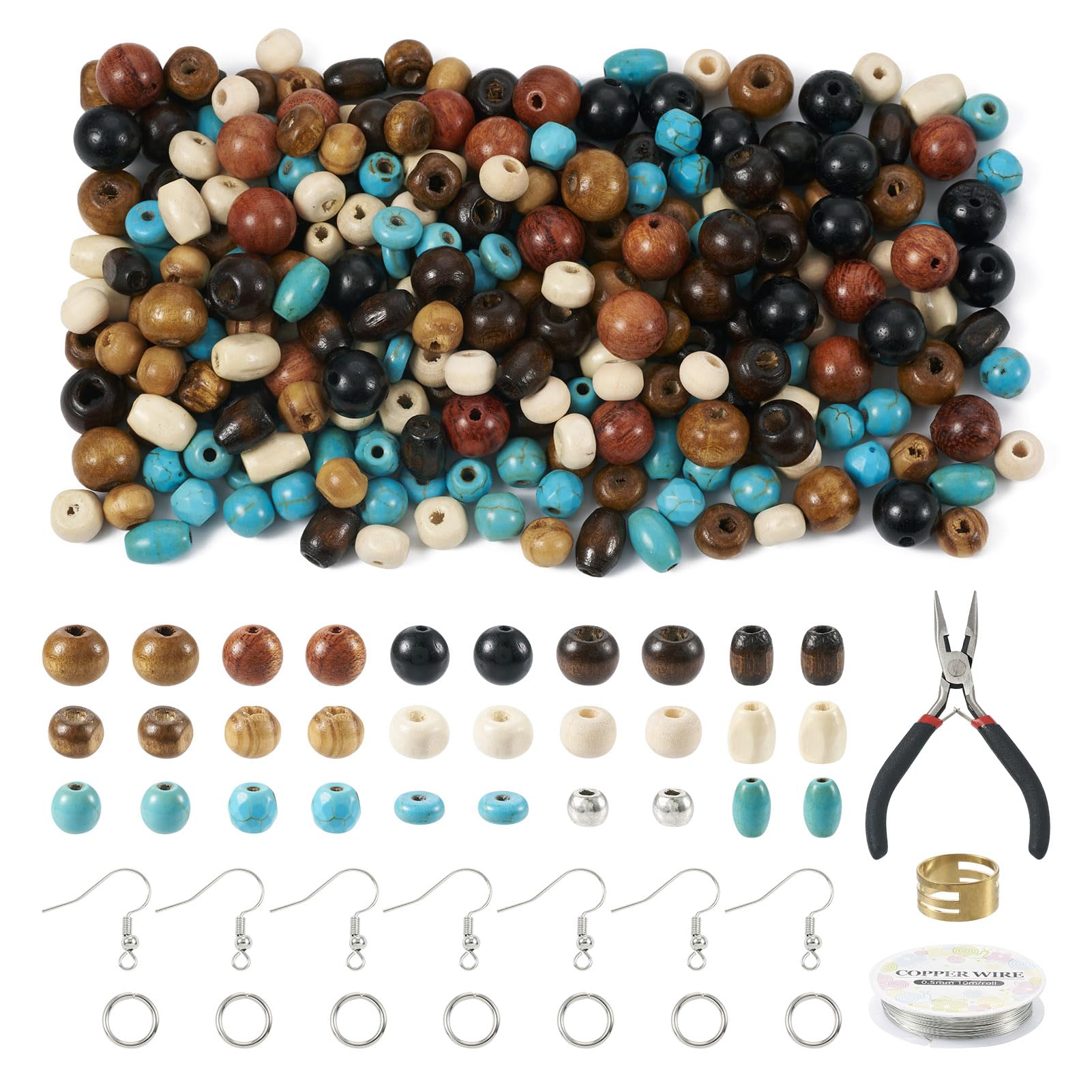 Crafans 362Pcs Turquoise Wood Beads Jewelry Making Set Round Wood Beads Barrel Gemstone Spacer Beads Tibetan Beads Assorted Beads for DIY Crafting Jewelry Making