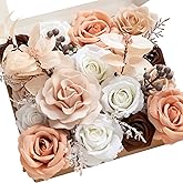 Ling's Moment Fake Flowers Box, Faux Artificial Greenery Stems Foam Roses Berry Silk Leaves Fabic Flower for Centerpieces Bouquet Wedding Vase Floral Arrangement Decoration, White & Sepia, Grand Combo