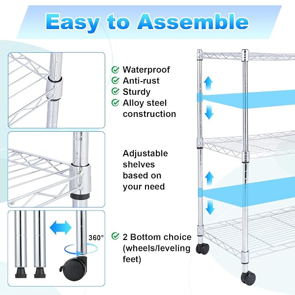 WHITMOR 3 TIER STORAGE SHELVES, HEAVY DUTY WITH WHEELS, 400 LBS CAPACITY PER SHELF, MAX 1200 LBS TOTAL, ADJUSTABLE SHELVING UNIT FOR GARAGE, KITCHEN, BATHROOM, 24″ L X 14″ W X 30.5″ H, CHROME
