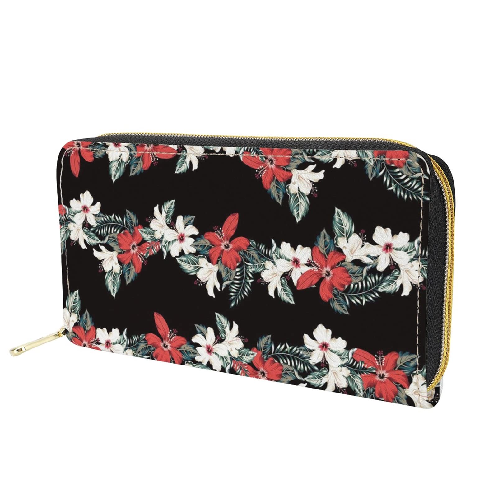 Dolyues Red Hibiscus Flower Floral Pattern Women Long Pu Leather Wallet with Zip Multi Credit Card Coin Pocket Phone Cash Purse