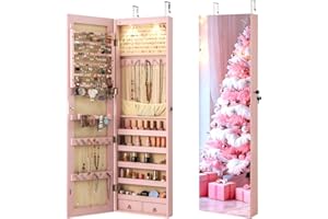 NAFORT 2 LEDs Jewelry Armoire with Full Length Mirror, Lockable Hanging Jewelry Organizer Cabinet with Categorical Storage, Wall or Door Mounted Jewelry Box with 2 Drawers for Cosmetic, Light Pink