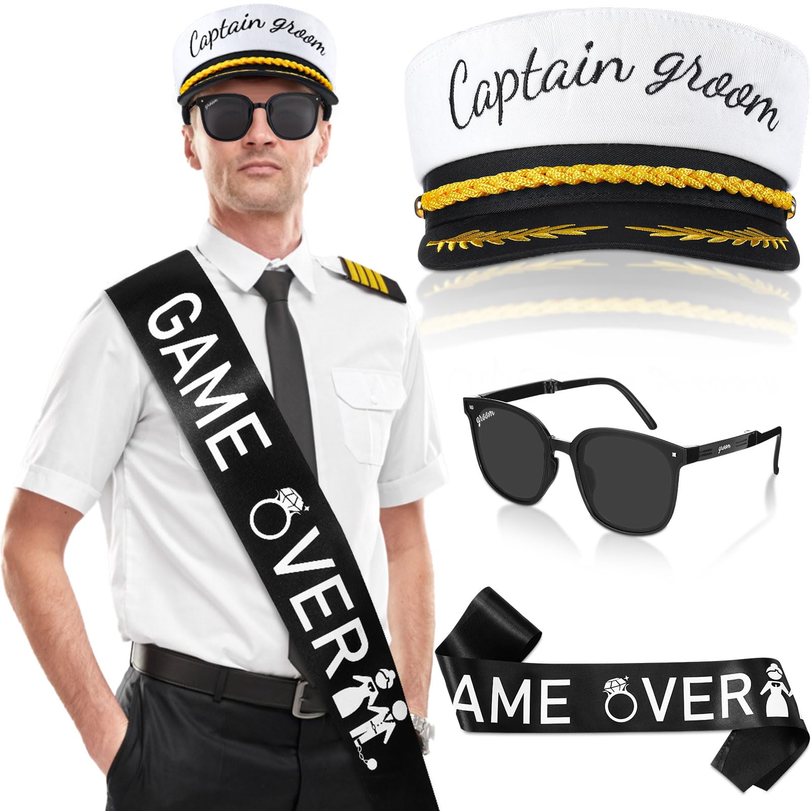 Photo 1 of JaGely 3 Pcs Captain Bachelor Party Accessories for Groom Set Include Groom Hat Sunglasses Sash for Bridal Shower(Stylish Style)