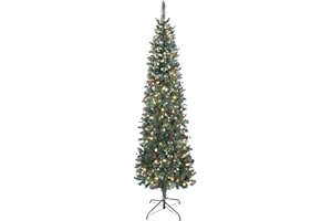 HOMCOM 7 ft Prelit Pencil Christmas Tree with Warm White LEDs, Silver Glitter, Pine Cones, Berry Clusters, Dense Pointed Bran