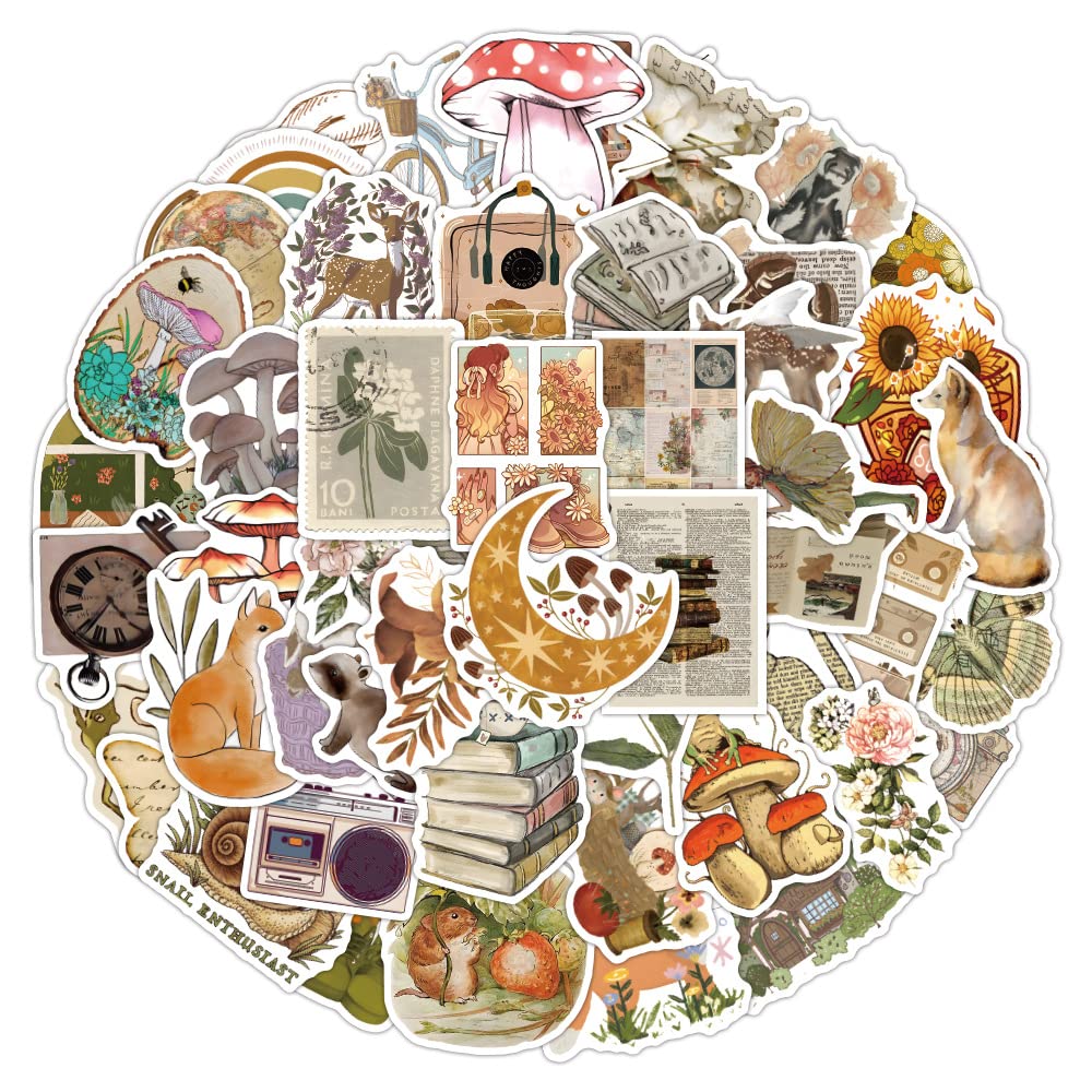 50 Pcs Retro Stickers Laptop Car Scrapbook Phone Skateboard Bike Travel Case Aesthetic Cottagecore Stickers Vinyl Waterproof Aesthetic Personalised Stickers for Teens Boys Girls Adults