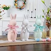 FestalMart Easter Decorations-3 Pack Flocked Bow Tied Bunny Set- Pastel Bunny Decor for Spring Home Shelf Mantel Table Windowsill Party Decor