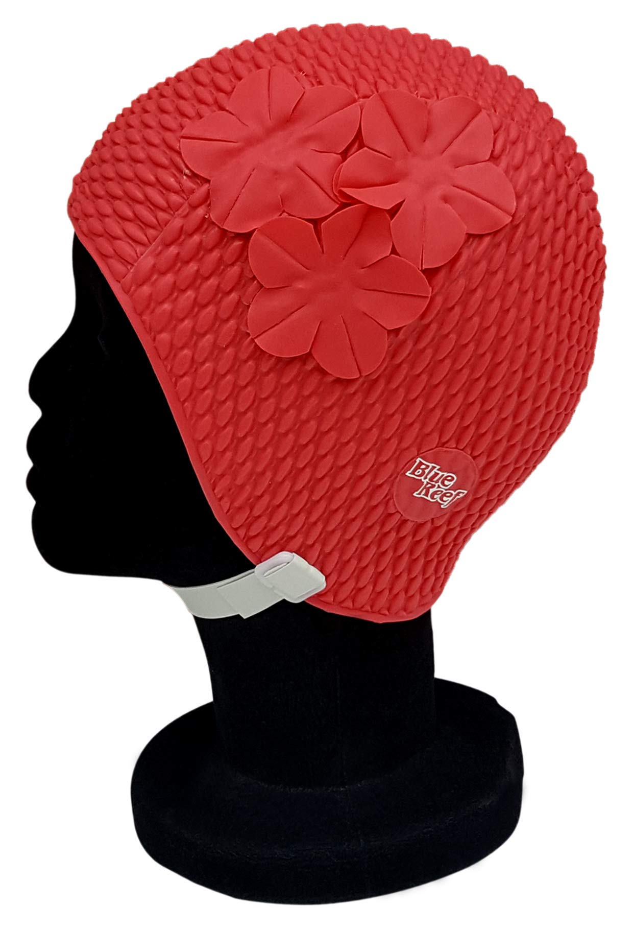 Blue Reef Oslo Bubble Solid Colour Floral Ladies Classic Retro 3 Flower Group Subtle Understated Tone On Tone 3D Petal Stylish Vintage Swimming Hat Swim Cap One Size Adults With Adjustable Strap (Red)