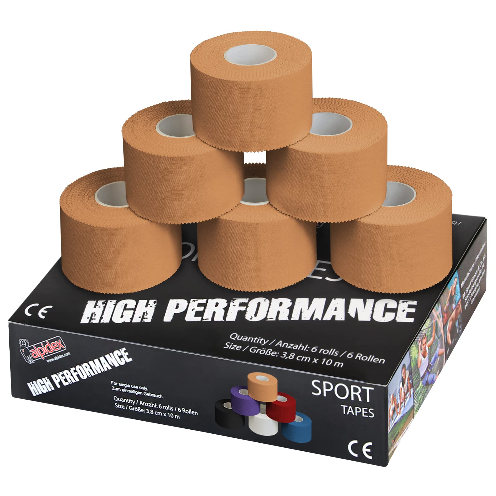 ALPIDEX 6 x Sports Tape 10 m x 3.8 cm Many Colours Zinc Oxide Finger Tape Tearable Skinfriendly Handball Football Volleyball Rugby, Colour:skin-coloured