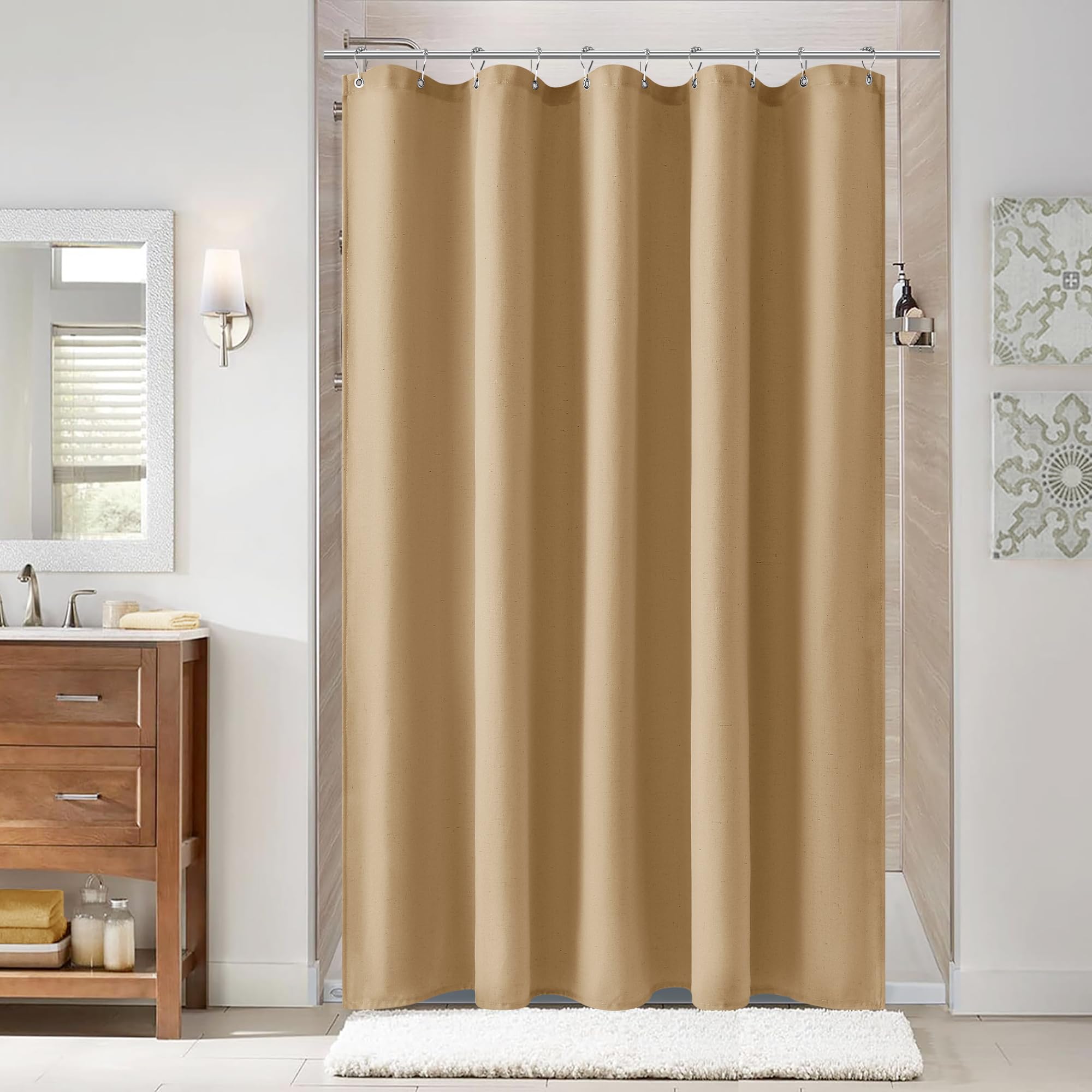Naturoom Gold Yellow 54 Inch Shower Curtain - Stall Narrow Half Linen Ultra Thick Fabric Shower Curtain Set with Hooks, Boho Farmhouse Rustic RV Camper Bath Curtains for Bathroom, 54x78 Image