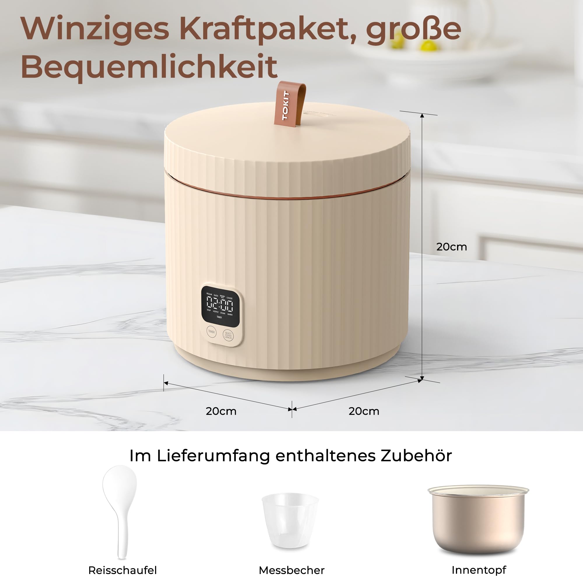TOKIT Rice Cooker 1.5L Pro Reiskocher Klein Mini aber Multifunktionen mit Display-Touch-Taste für 1-3 Personen Keramisch beschichteter Antihaft-Innenreistopf(Weiß) 9