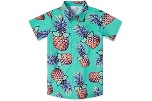 AHEGAO Little & Big Boy's Button Down Hawaiian Shirts Short Sleeve Cool Cartoon Print Dress Tops T-Shirt for Kids 7-14T