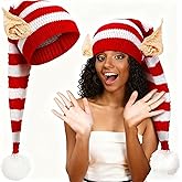 SUNDECO Christmas Knitted Elf Hats with Ears for Adults - Red and White Crochet Long Santa Hats Beanie, Fun Elf Costume Accessories Ideal for Christmas Celebrations, Xmas Party & Gifts