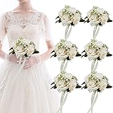 Meldel 6.5 Inch Bridesmaid Bouquet Set of 6, Ivory Wedding Bouquets for Bridesmaids, Small Bridesmaid Bouquets for Wedding, Artificial Wedding Bouquet Flower, Floral Wedding Centerpieces