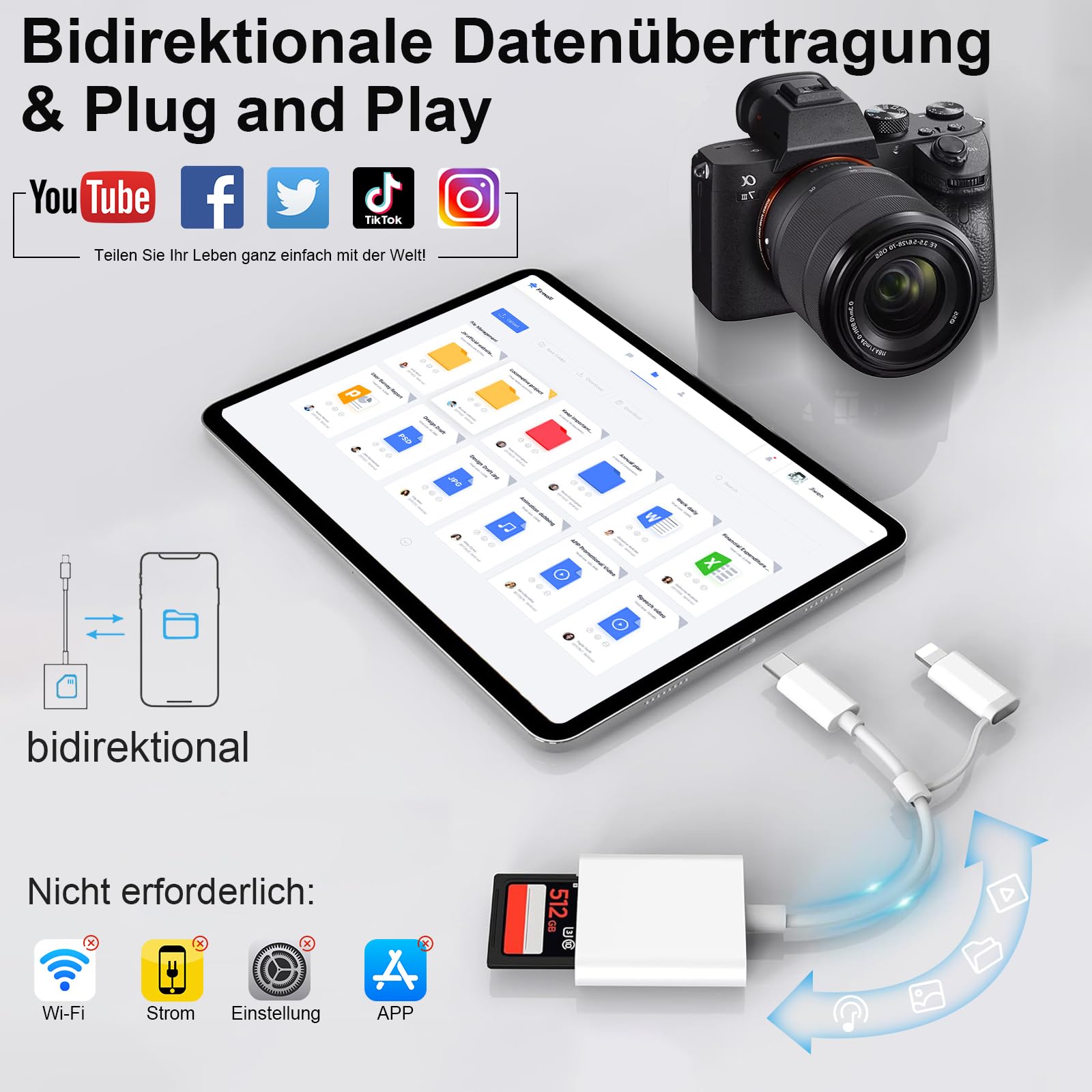 Dalimee SD Kartenleser USB C Lightning für iPhone, Apple MFi Certified, SD Card Reader mit SD und Micro SD/TF Kartensteckplatz, Plug-and-Play, Kartenlesegerät für iPhone15/16/17/iPad/MacBook/Laptop 4