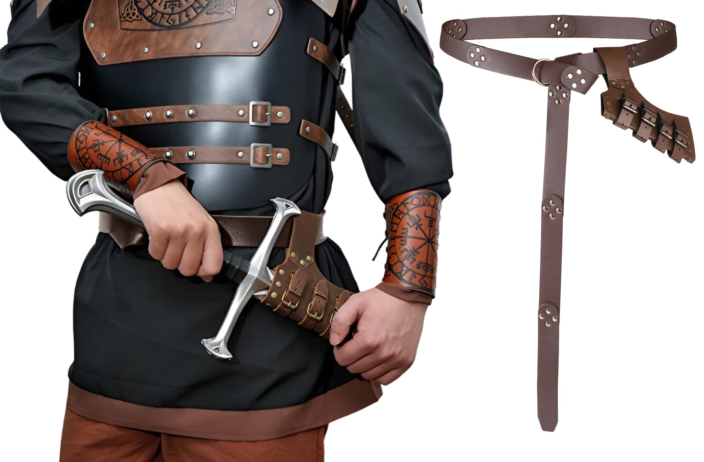 Medieval Leather Belt with Sword Holster Knight Belt Sword Frog Case Holster Adjustable Waist Buckle & Dagger Sheath Renaissance Knight Costume LARP Gear Halloween Warrior Pirate Cosplay Accessory
