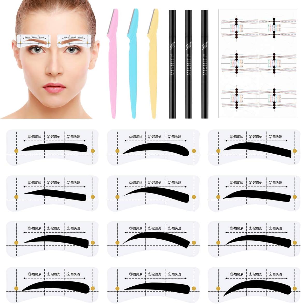 102Pcs Eyebrows Stencils Stickers - Adjustable Eyebrow Stencil Shape Kit Reusable with Eyebrow Razors Pencil Shaping Template Stamp Sticker Makeup Tools For Eyebrows