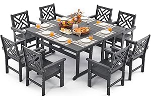 AXMOLM 10 Piece HDPE Outdoor Dining Set for 8, Patio HDPE Furniture Set with 2 Table and Umbrella Hole, Outdoor Table and Chairs for Garden, Poolside, Backyard, Deck