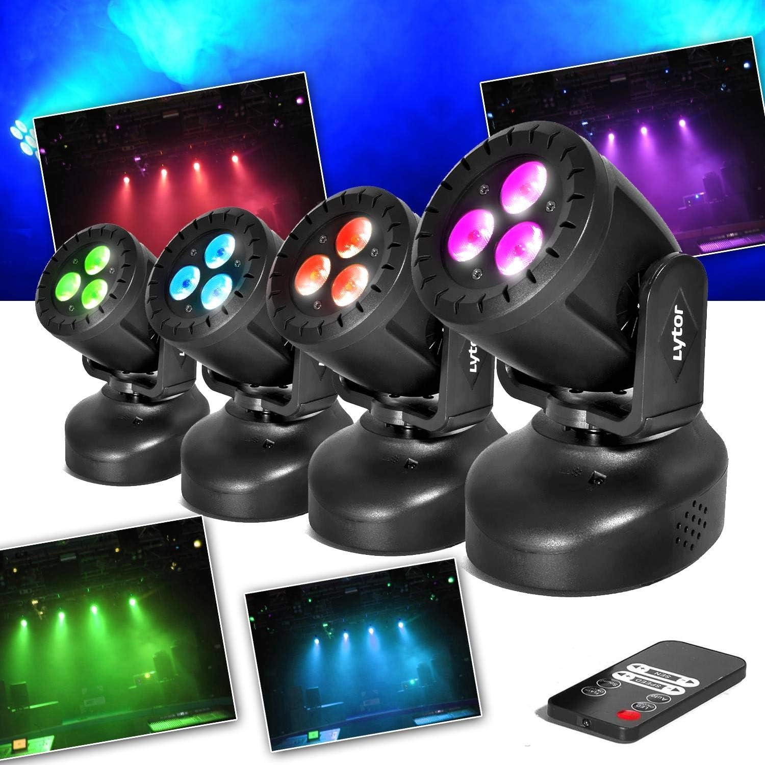 Pack of 4 Sets of lytor Lyre Wash à 3x4 W LED RGB Effect Wash 3 + UV Light + Remote Control