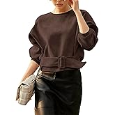 Ziqoty Women Faux Suede Cropped Top Belted Buckle Long Sleeve Crew Neck Pullover Shirt Casual Fall Daily Outfit Street Style