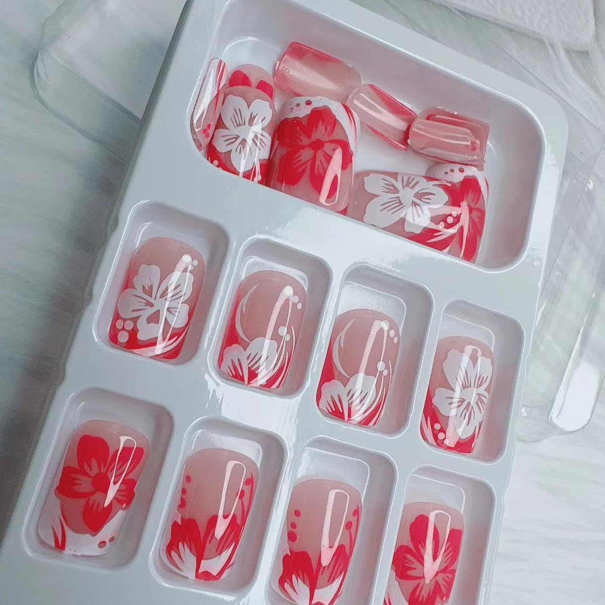 Extra Short Press on Nails - Square French Press on Nails Short Cute Fake Nails Acrylic Flower False Nails for Women, Reusable Stick on Full Cover Glue on Nails 24Pcs - Image 3