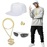 Orizizhic 4 Pcs Hip Hop Costume Kit 80s 90s Outfit 2000s Accessories with Hat Sunglasses Chain Ring for Rapper Halloween Costume Cosplay Carnival Theme Party