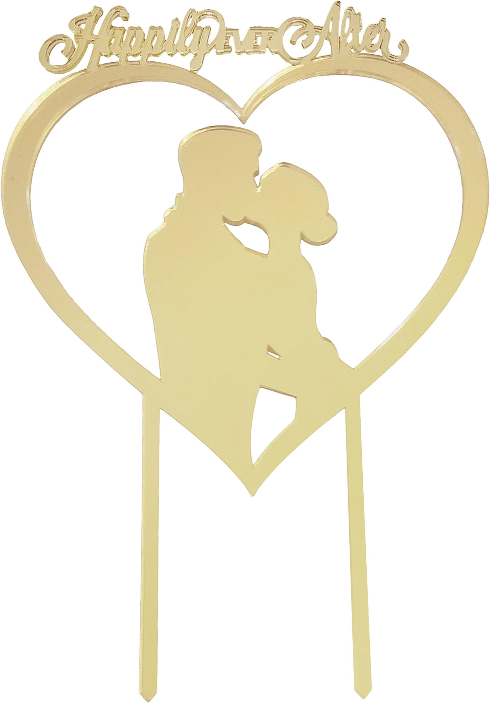 Romantic Silhouette Wedding Cake Topper, Unique Happily Ever After Kissing Bride & Groom Golden Heart Shape Acrylic Cake Decorations