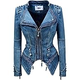 LFSS Women's classic denim jacket personalized rivet punk dovetail Motorcycle Jacket